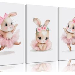 3 Pcs Pink Bunny Canvas Wall Art for Nursery Baby Room Cute Posters Prints