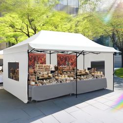 10x20 Heavy Duty Pop up Canopy Tent with 3 Removable Sidewalls, Commercial Grade Instant Shelter with Wheeled Bag for Outdoor, Parties, Markets, 600D