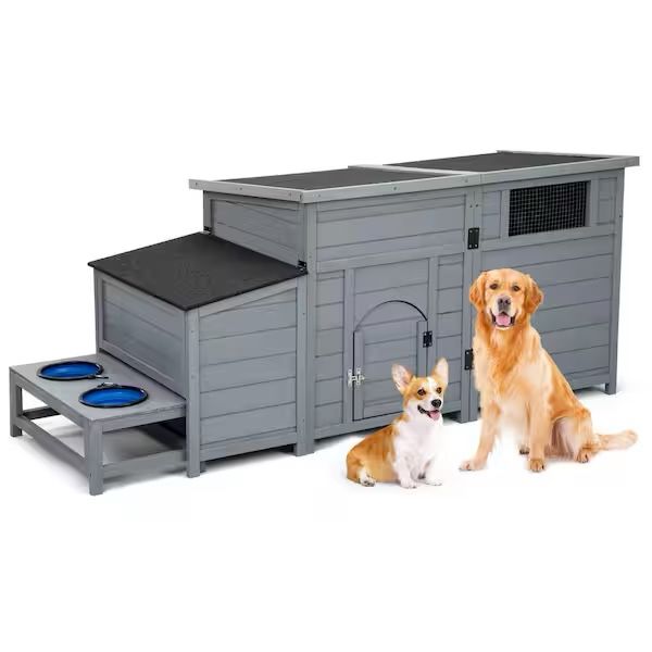 2-in-1 Outdoor Wood Dog House with Feeding Bowls, Large Dog Kennel, Gray