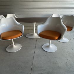 Mid-Century Modern Walnut Table With Metal Swiveling Chairs