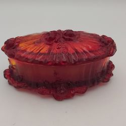 Beautiful Vintage Fenton Cabbage Rose Ruby Red Glass Trinket Box (Cadmium Reacts To Blacklight)