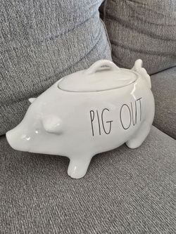 Brand New Rae Dunn Ceramic "PIG OUT" Canister Jar 11" W  x 5" D
