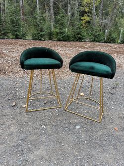 Set of 2 LumiSource Green Velvet & Gold Bar Stools