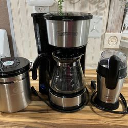 Stainless Steel Coffee Maker, Grinder, and Coffee Gator Set