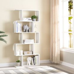 Bookshelf Set of 2, S-Shaped Modern Bookcase Room Divider, Geometric Wood Book Shelf, 62" Tall Bookcase with 5-Tier Display Shelf, White