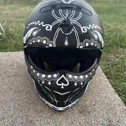 Scorpion EXO Covert motorcycle helmet with a "El Malo" graphic. XXL Size .