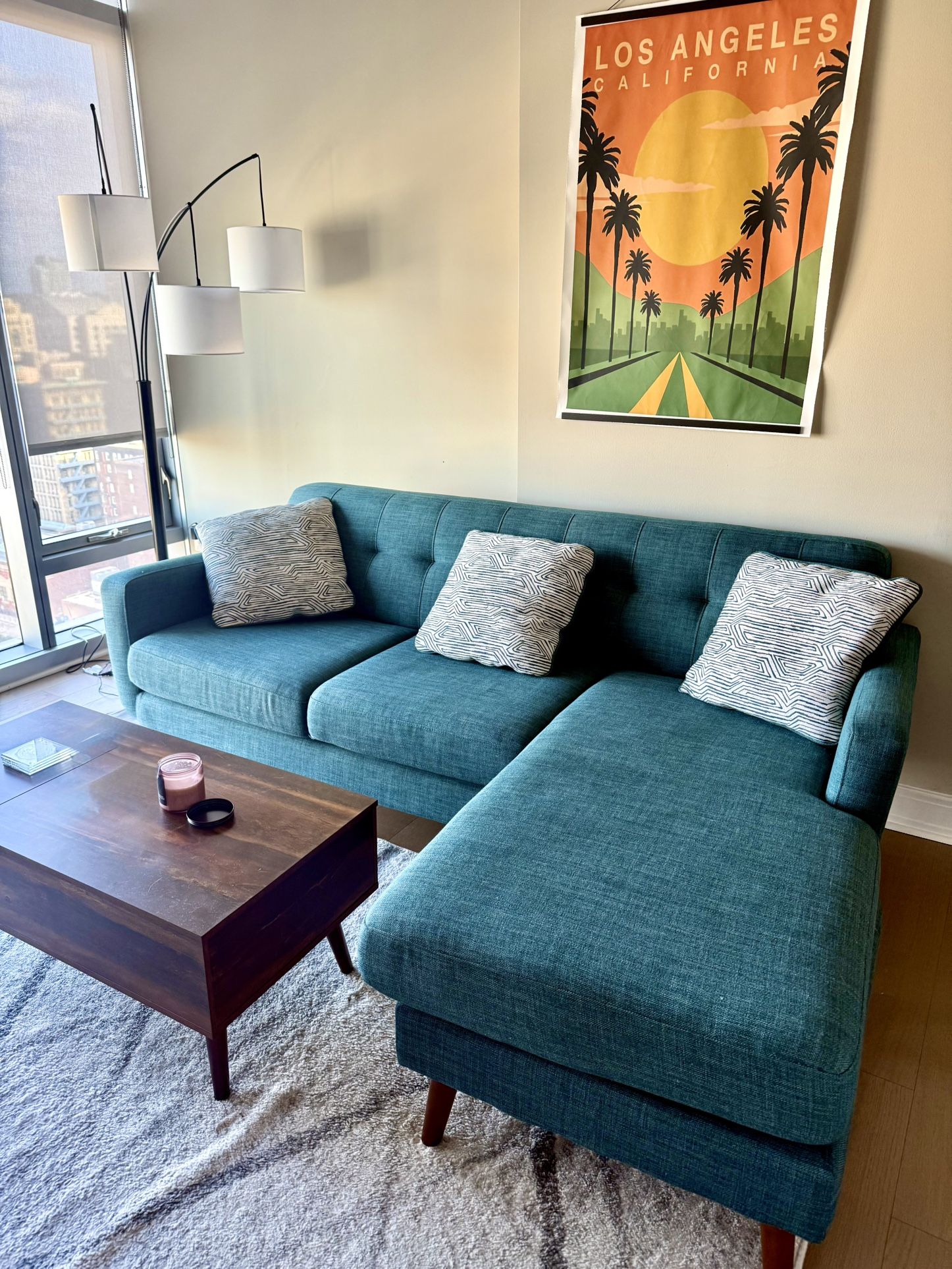 ***MOVE OUT SALE - TEAL FURNITURE SET - SOFA CHAISE, CHAIR, AND OTTOMAN***
