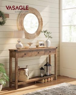 Collection Narrow Console Table with 3 Drawers, Brown Sofa Table with Storage Shelf, Metal Corners, Farmhouse Style, ULNT142KB02S