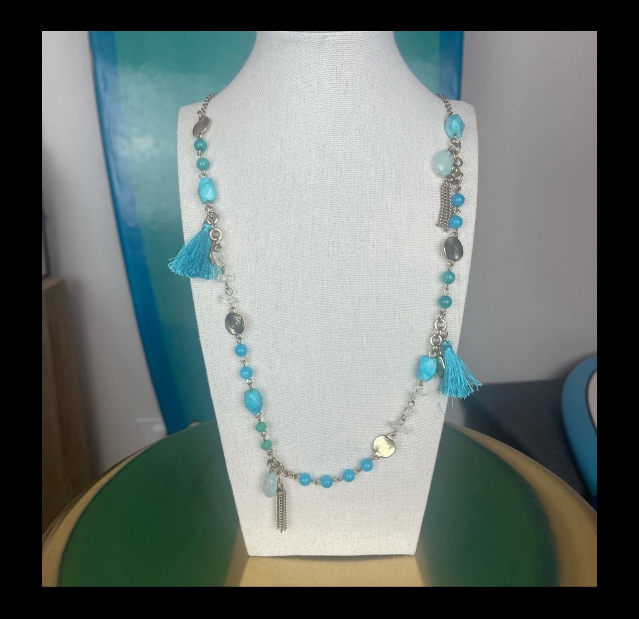 ✨ Boho Turquoise Tassel Charm Necklace – Long Layering Statement Piece ✨