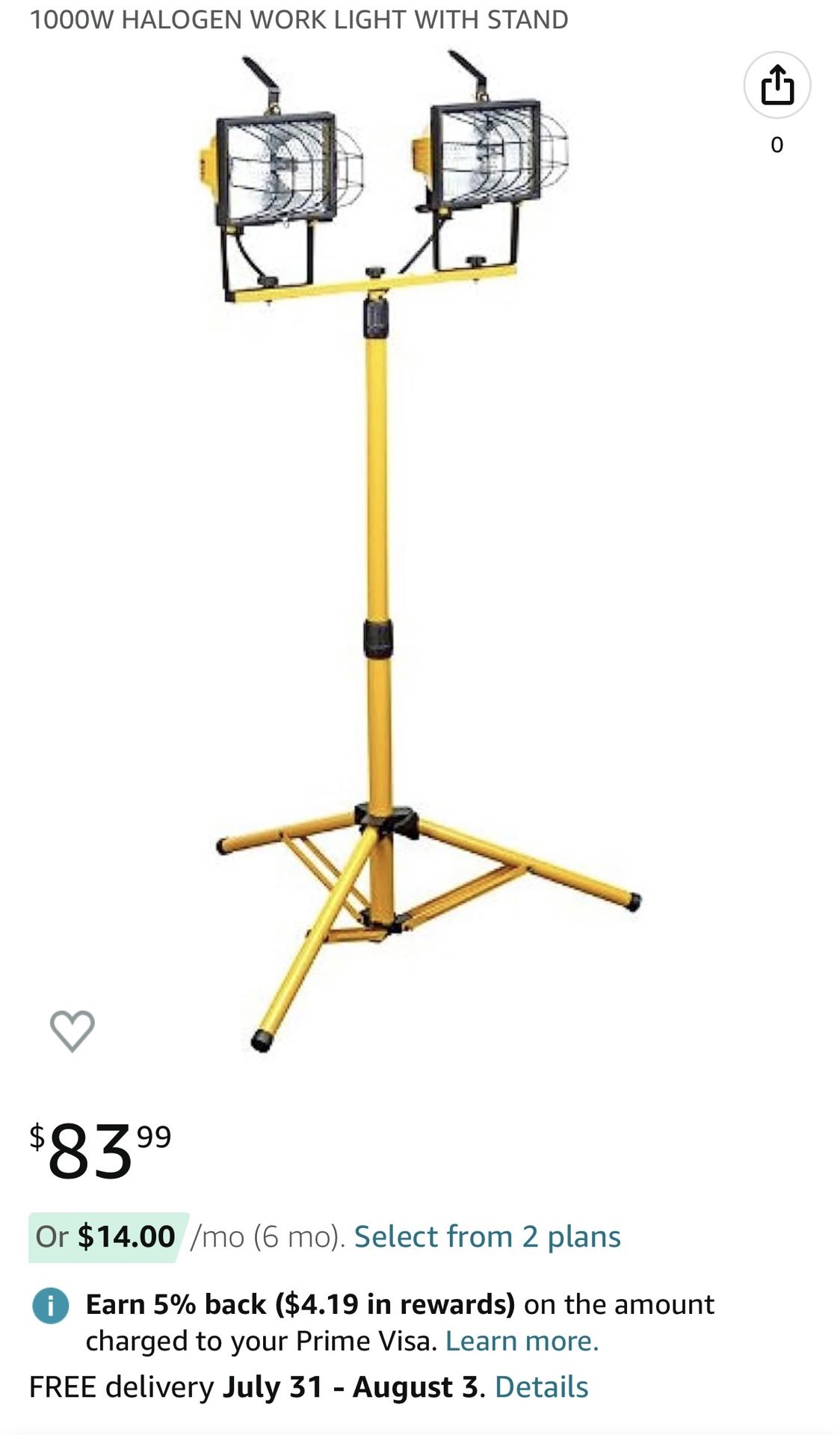 1000w Halogen Worklight Adjustable and detachable 5 ft tripod included