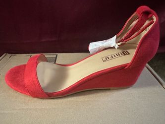 Red Suede Wedge Sandals with Ankle Strap