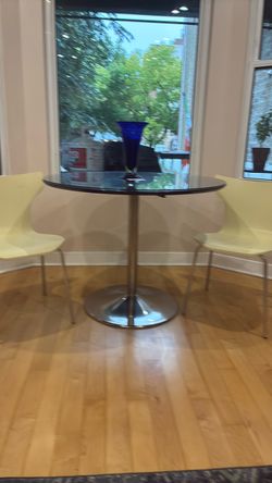 Art Deco Table 2 chairs, 40in round, custom made glass top.