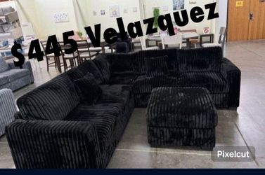✅️✅️️✅️4 pc Black cordury fabric upholstered sectional sofa with ottoman✅️✅️