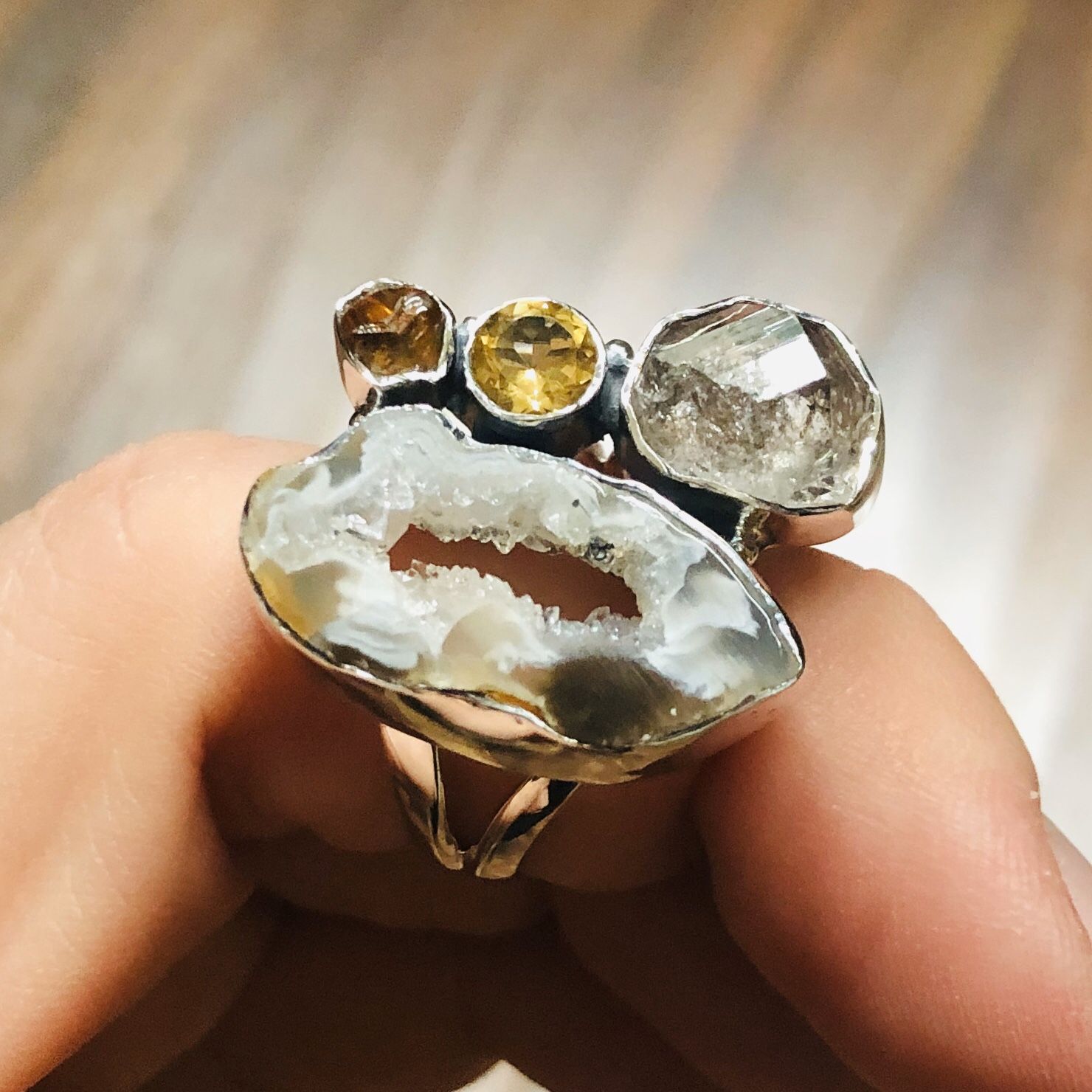 Coconut Geode Druzy, Herkimer Diamond, & Citrine 925 Ring