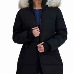 NAUTICA Womens Black Detachable Fur Hood Quilted Parka Coat