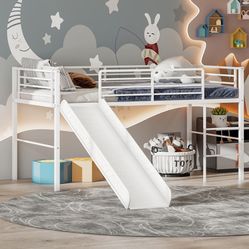 Twin Metal Loft Bed With Slide Guardrails Built In Ladder Low Bed Frame