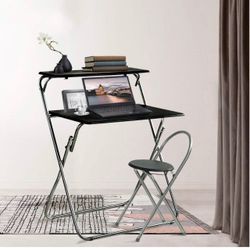 Chair Set 30" Small Writing Table for Home Office/Teens Student Space Saving Mobile Workstation with 2 Shelves
