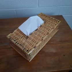 Vintage 1970s Burnt Rattan Tissue Box Cover - Boho Mid Century Modern