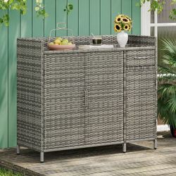 47.5" Outdoor Patio Wicker Rattan Sideboard / Storage Cabinet w/ Tempered Glass Top [NEW] **Assembly Req**