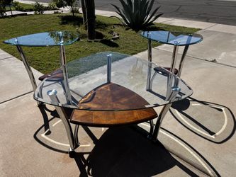 3 Modern Beveled Glass / Chrome / Wood Triangle Shaped Tables