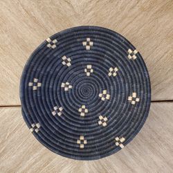 African Basket Rwanda Woven Sisal Sweet Grass Bowl Hang Blue Tan 12"