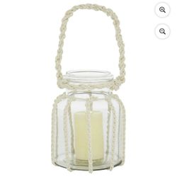 DecMode Clear Glass Decorative Candle Lantern with Rope Handle (Candle not included)