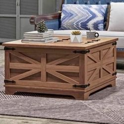 Farmhouse Coffee Table w/ Hinged Lift Top + Hidden Storage — Distressed Brown