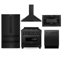 ZLINE Kitchen Package with Black Stainless Steel Refrigeration, 36" Dual Fuel Range, 36" Range Hood, Microwave Drawer, and 24" Tall Tub Dishwasher
