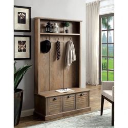 FARMHOUSE RUSTIC WEATHERED GRAY HALLWAY MUD ROOM TREE BENCH STORAGE
