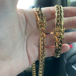 New 18k Yellow Gold Filled Cuban Link Chain And Bracelet Set 