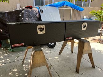 Weather guard top mount truck tool box new size 90” long x 18” top x 16” wide have couple dents on it when delivered and 1 cut in one door left side b