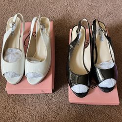 Women Dress Shoes White Soft Leather)B.Patent leather Size 9W..1 1/2  or 2 Inch Heel White New Never Worn..Black Pair Worn Once $40 Each..Both For $60