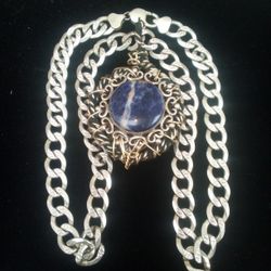 Sterling Silver 70 Gram Link Chain 24" With Custom Made Lapis Lazuli/Fire cone Pendant