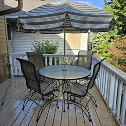 Patio Furniture.  Metal Chairs & Table In Excellent Condition, Umbrella Showa Some Wear