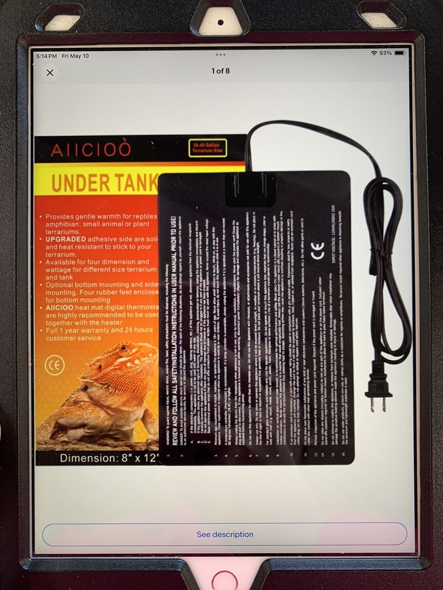 Aiicioo Reptile Heating Pad - Hermit Crab Heater Heat Mat for Reptiles Snake Lizard Terrarium 16 Watt @W2