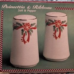 Vintage Poinsettia & Ribbons Of Fine CHINA Set Of Salt And Pepper Shakers, Ribbons Holiday Table Shakers, Ribbons Christmas Dinnerware