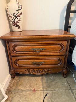TWO Vintage Solid Wood French Provincial Nightstand – Carved 2 Drawer