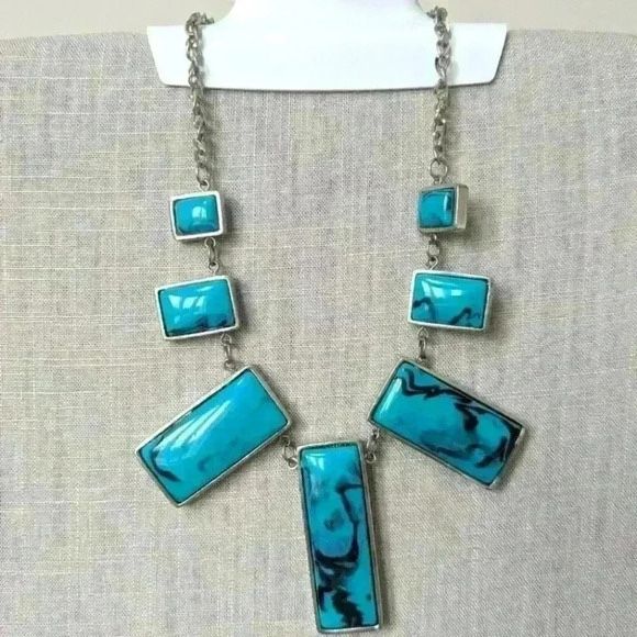 Light Blue Square Acrylic Bead Geometric Necklace In Silver Plating -  New 