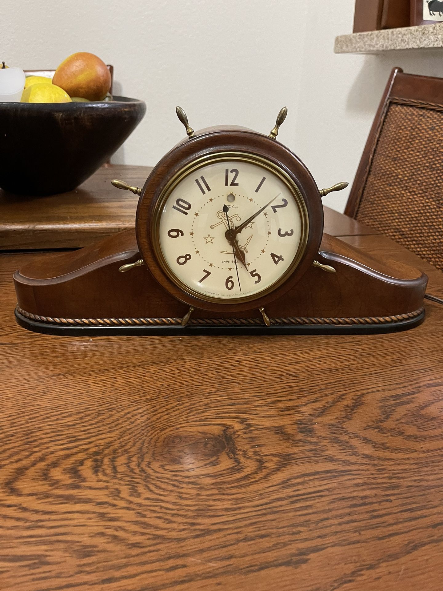 Vintage Antique Wood 1940’s Nautical Design Ships Bell Mantel Electric Clock by Warren Telechron 18-3/8 Wide 8 Tall made In USA WORKS ! Rare