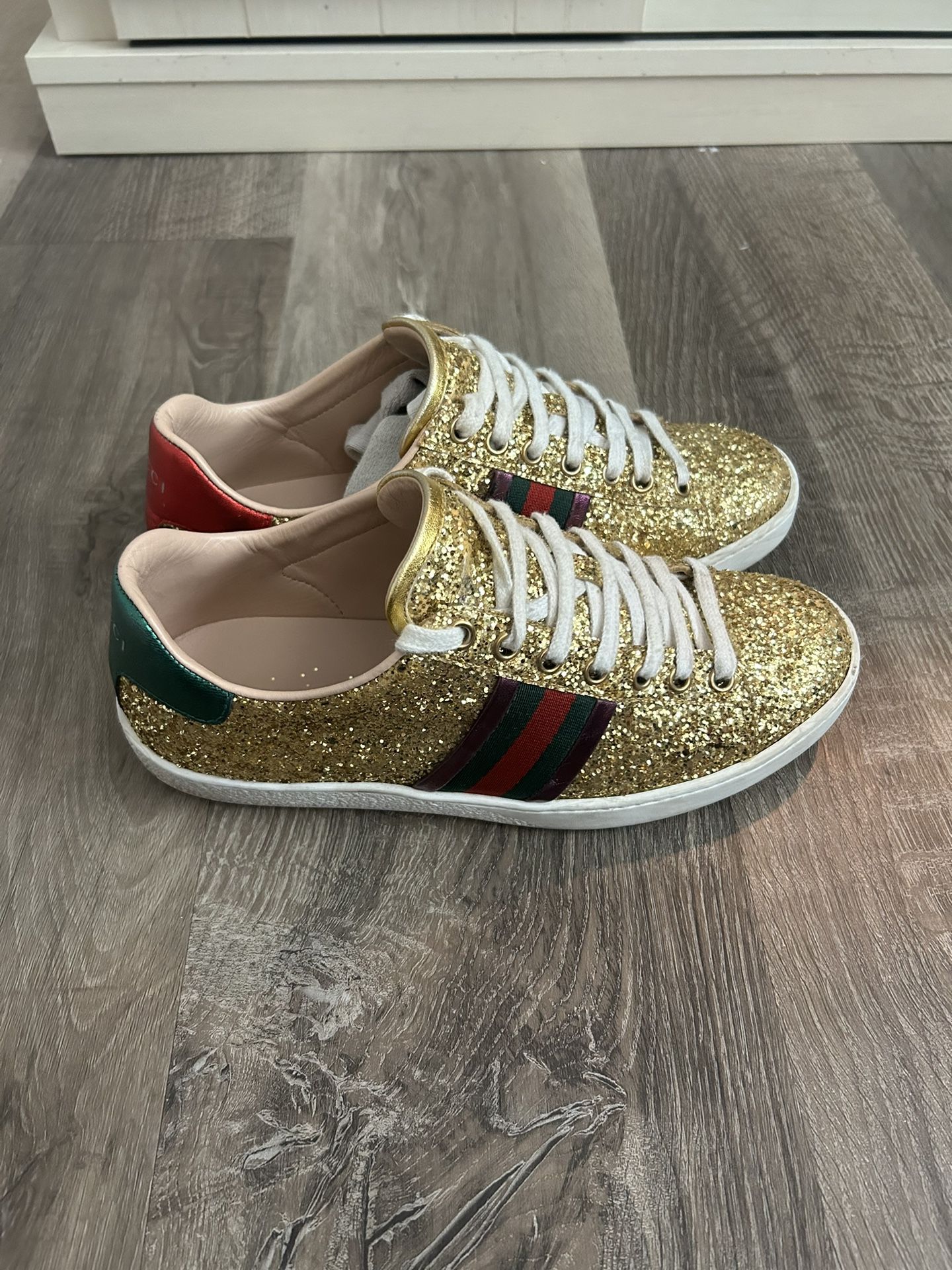 Gucci Gold Glitter Web Ace Sneakers Women’s size 7.5/8