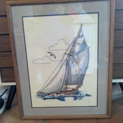 Vintage 1970s Framed Matted Embroidered Stitched Sailboat Picture, Wall Hanging Print