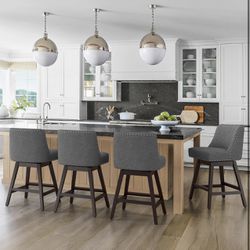 Gray Swivel Counter Stools with Back, Linen Fabric 