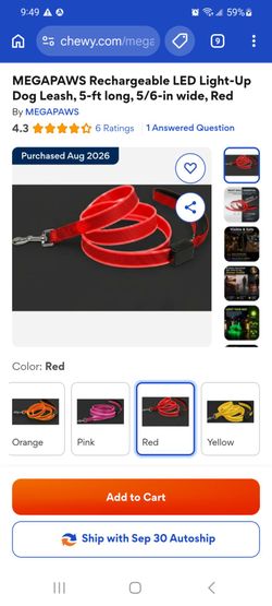 Rechargeable red LED light up dog leash, 5ft long, 5/6 inch wide