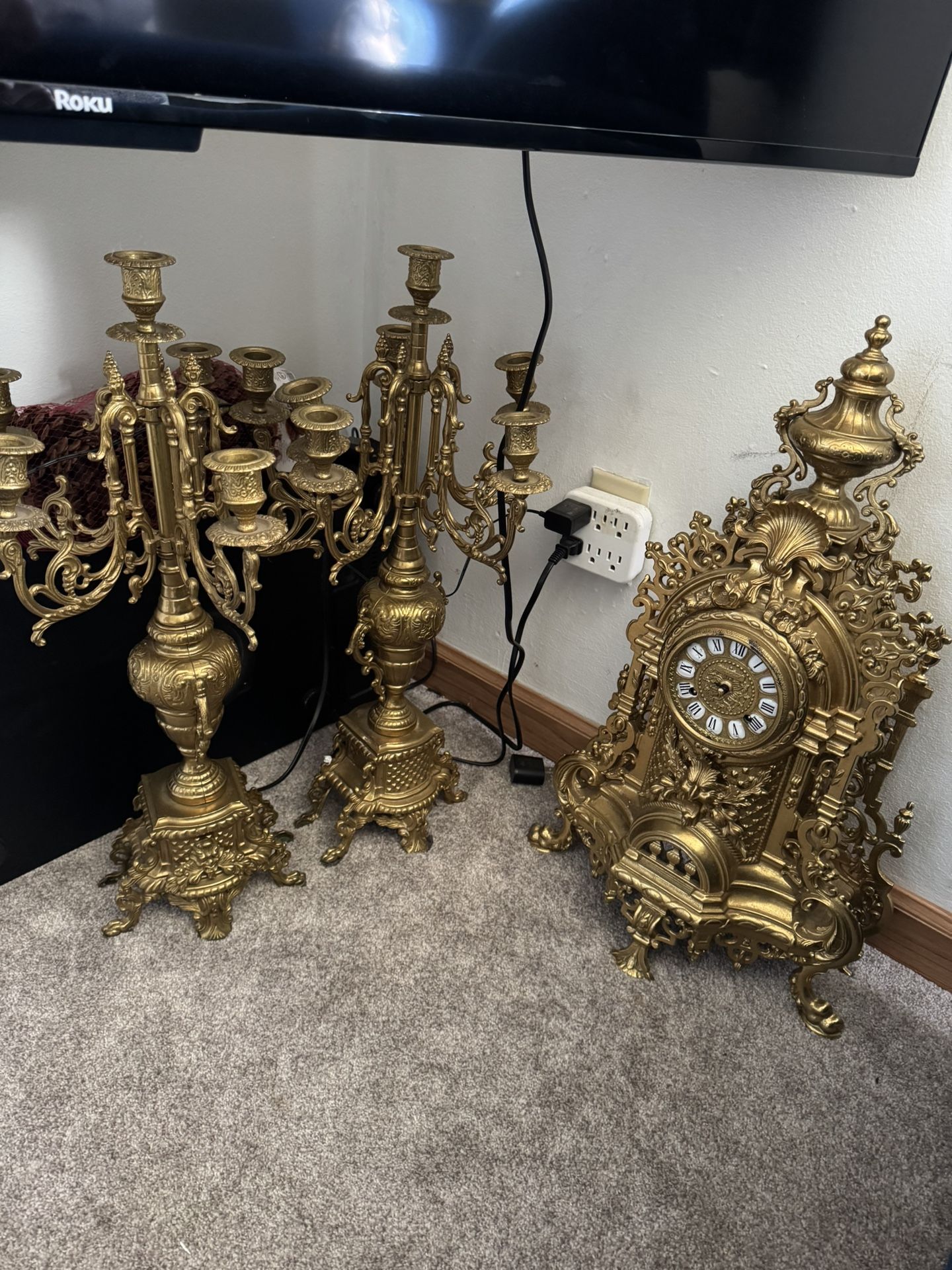 Antique Imperial Brass mantle Clock With Candlestick Holders