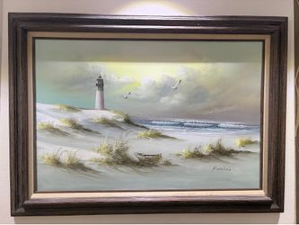 Large Lighthouse Coastal Oil Painting in a wooden frame, 30x 43“