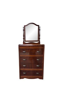 Vintage 1930s Art Deco waterfall highboy dresser with a matching removable mirror