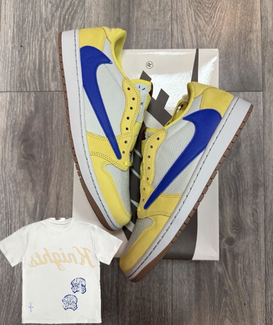 Brand New Jordan 1 Travis Scott canary size men’s 14 & XL T Shirt 
