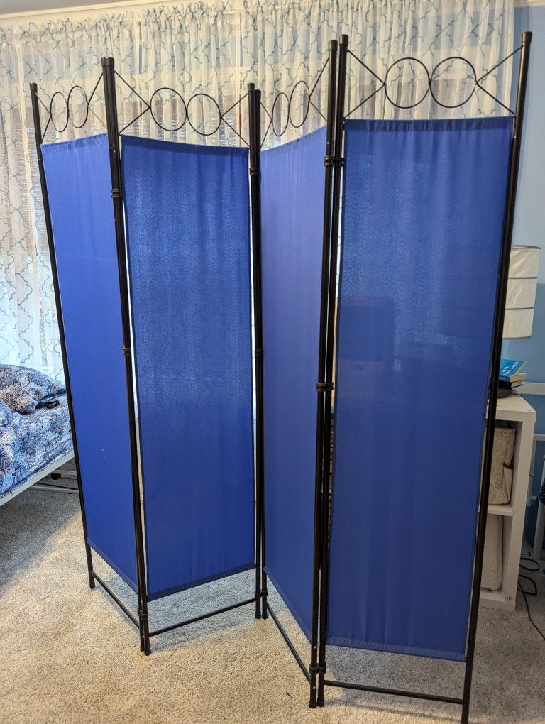 4 Panel Fabric And Metal Foldable Room Divider, Blue