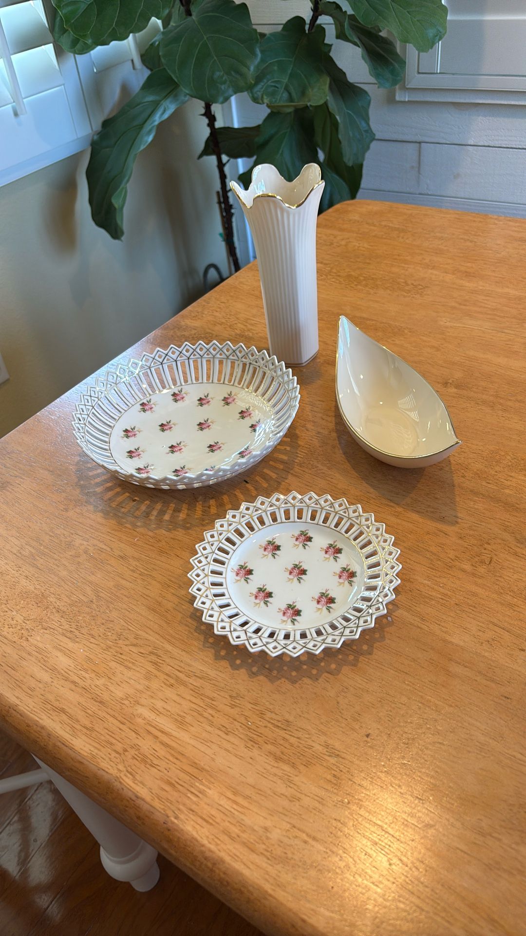 Two Lenox Pieces, Vase, Dish Plus A Matching Set Flower Bowl And Plate