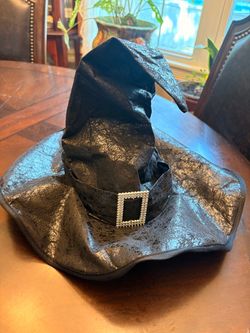 Distressed Metallic Black Witch Hat with Rhinestone Buckle – Halloween Costume Accessory